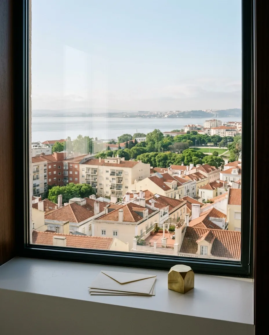 Vista da janela de um escritório no oitavo andar sobre os telhados, em direção ao rio, luz da manhã